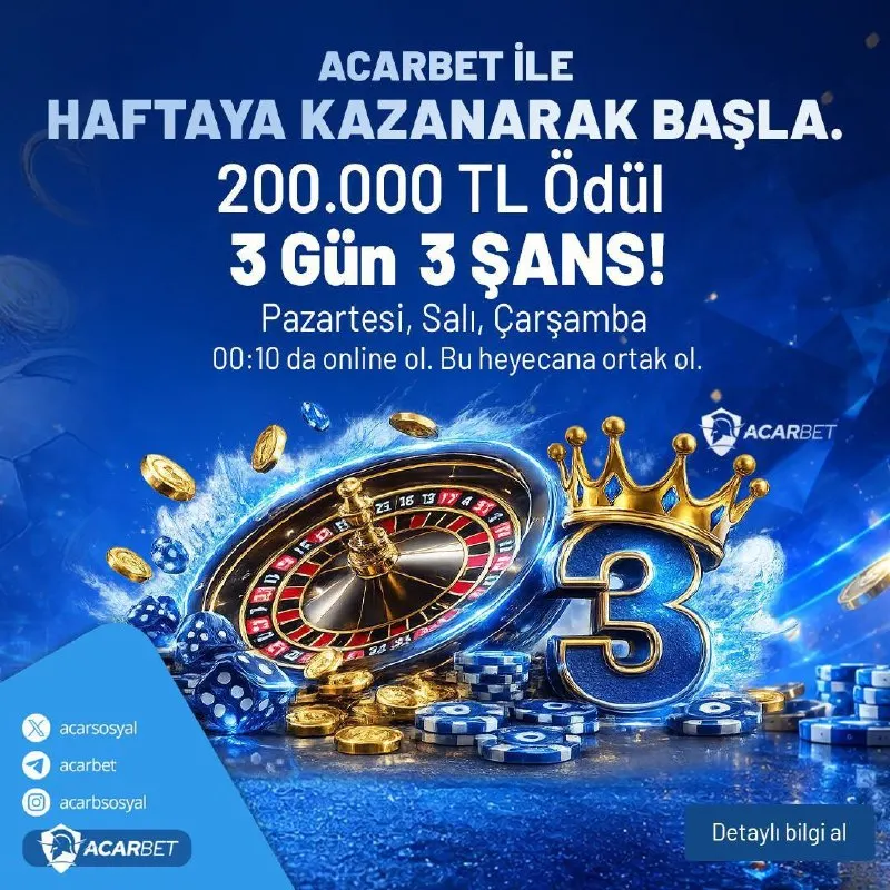 Acarbet Telegram: HAFTAYA KAZANARAK BAŞLA! 🚀 3 Gün, 3 Şans! (Pazartesi • Salı • Çarşamba) 🎟️ Her…