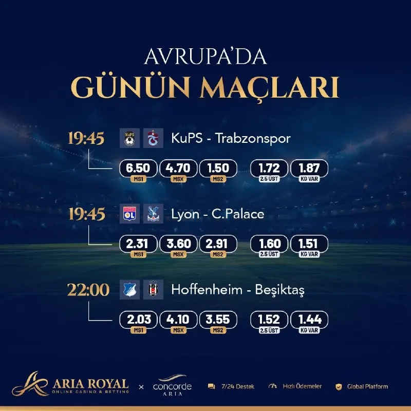 Aria Royal Telegram: 👑👑👑👑👑👑👑 ⚽️ Günün Avrupa Ligi Maçları Arttırılmış Oranlarla Aria Royal'de…