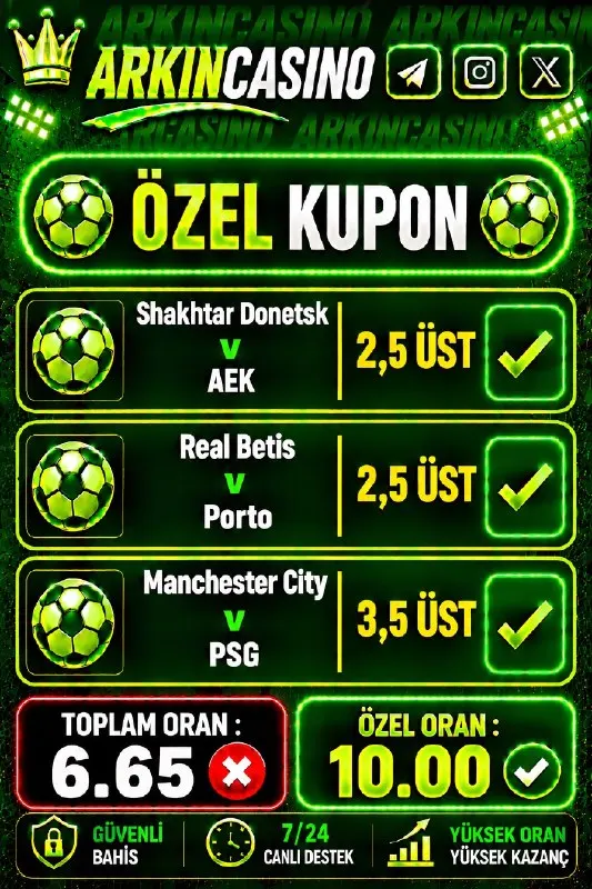 Arkın Casino Telegram: 📌 İlk yatırımına %100 Casino Hoşgeldin Bonusu 📌 Cuma-Cumartesi-Pazar günlerine…