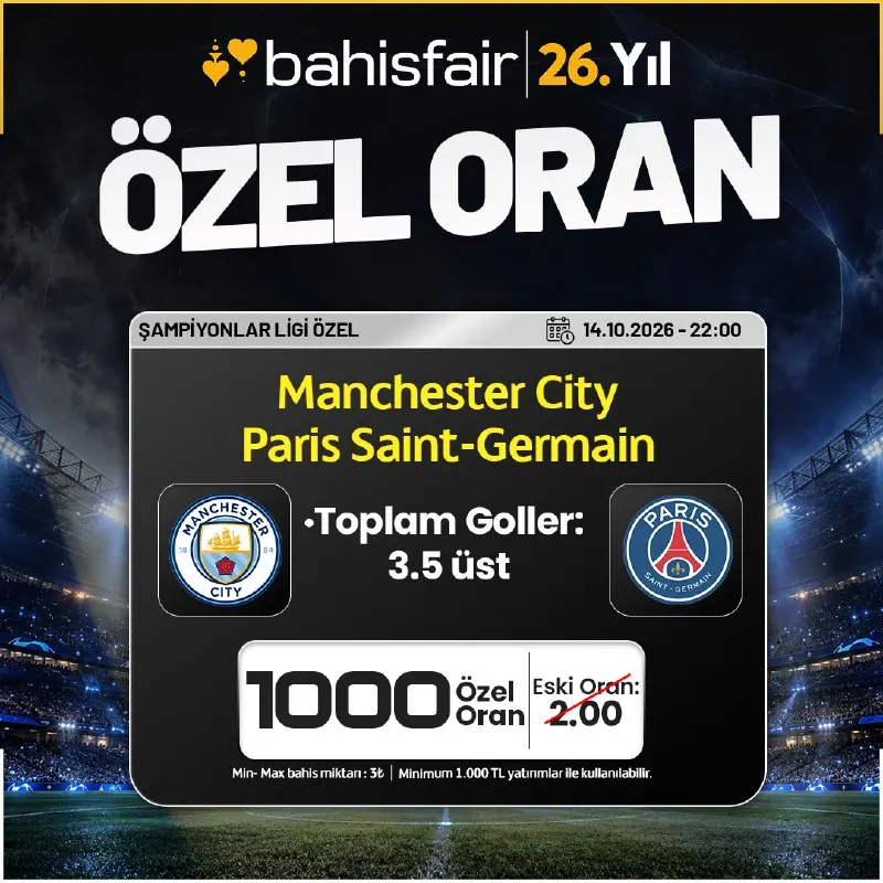 Bahisfair Telegram: ⚡️ ŞAMPİYONLAR LİGİNE ÖZEL 1000 ORAN DEVREDE! ⚡️ MİNİMUM 1.000 TL YATIRIMLAR…