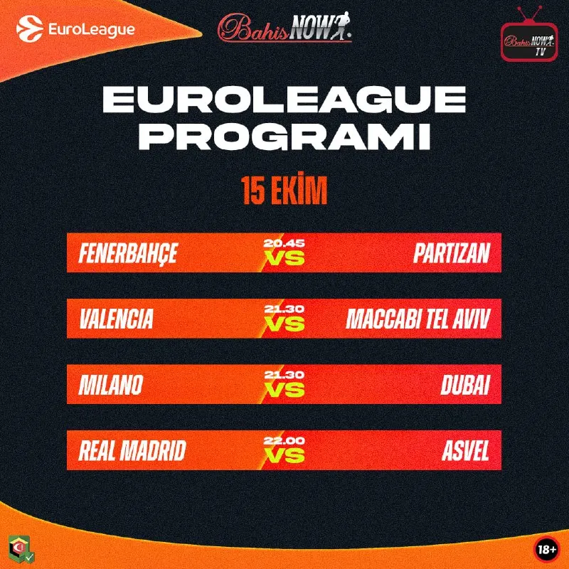 Bahisnow Telegram: 🔥 EuroLeague'de heyecan 6. hafta karşılaşmalarıyla devam ediyor. 🌿Temsilcimiz…