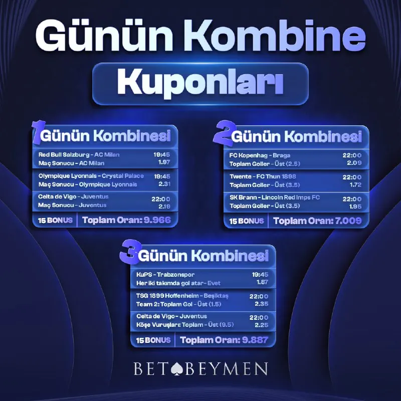 Betbeymen Telegram: 🎫 Günün Maçlarına Özel Avantajlı Kombine Kuponlar Betbeymen’de! 🔝 Sen De…