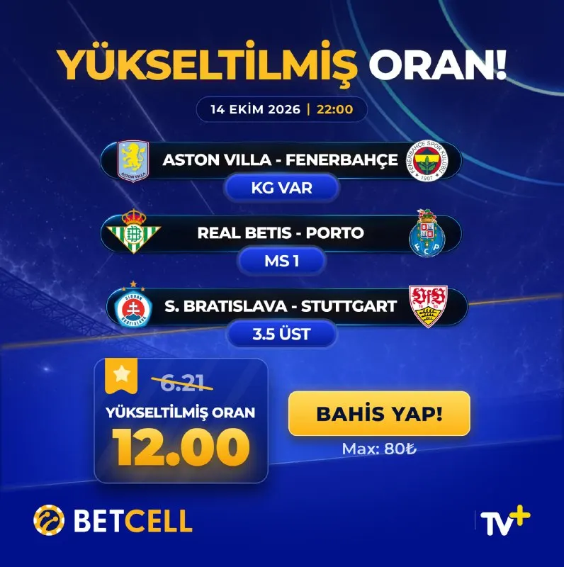 Betcell Telegram: GÜNÜN 2.ÖZEL ORANI Bu akşamın en iddialı bahsi seni bekliyor: ÖNCEKİ ORAN…