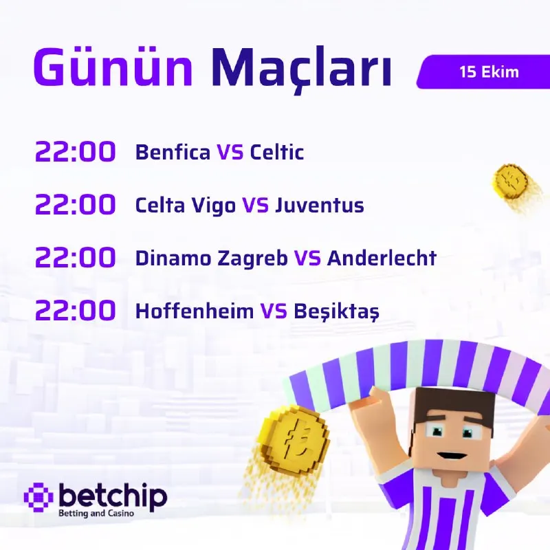 Betchip Telegram: 🏆 Futbol coşkusuna Betchip kalitesiyle katıl! Benfica - Celtic, Celta Vigo…