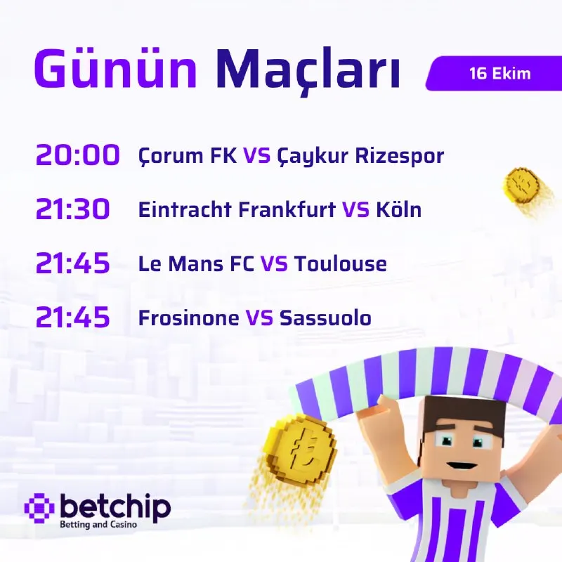 Betchip Telegram: 🎯 Maç heyecanını Betchip farkıyla yaşa! Çorum FK - Çaykur Rizespor, Eintracht…