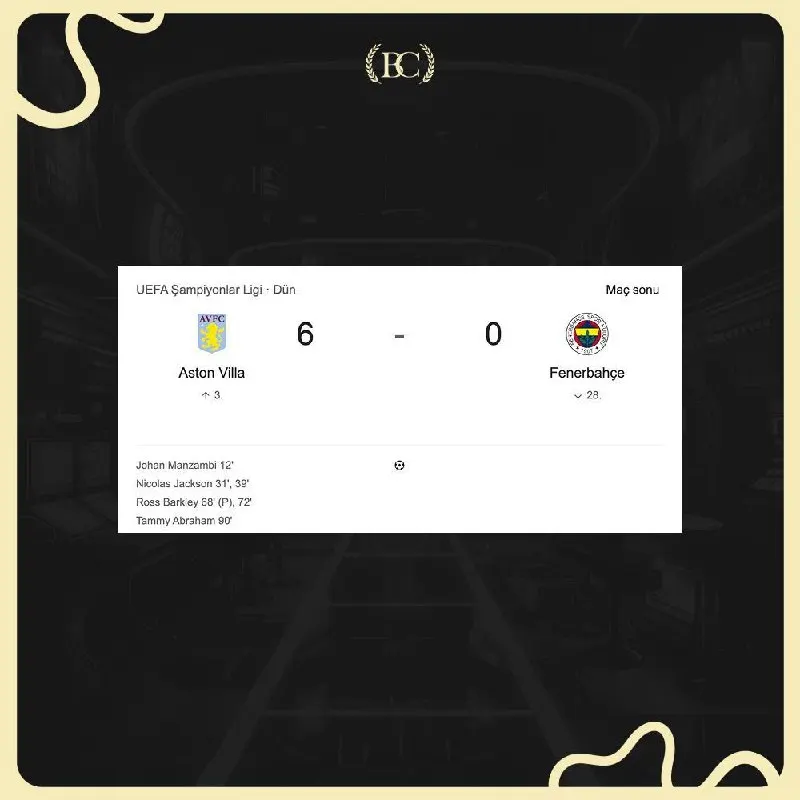 Betcool Telegram: 🔥 Futbol Aşkına 750₺ Kazan! etkinliğimiz sona erdi. 🏆 Maç Sonucu: Aston Villa 6…