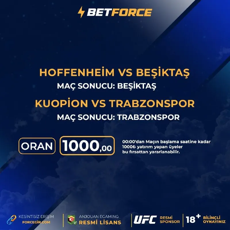 Betforce Telegram: ⚡ FORCE BOOST İLE 1000 ORANLIK ÖZEL KUPON! ⚽️ Hoffenheim 🆚 Beşiktaş ➡️ Maç…