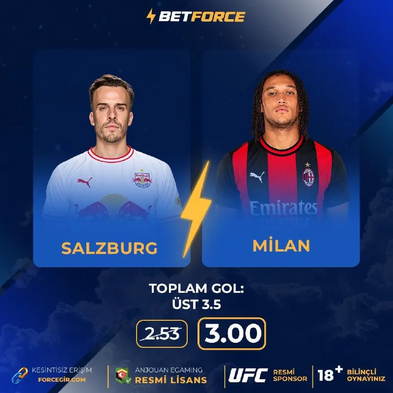 Betforce Telegram: ⚡ BETFORCE İLE ORAN YÜKSELDİ! ⚽️ Salzburg 🆚 Milan ➡️ Toplam Gol: Üst 3.5 🚀 2.53…