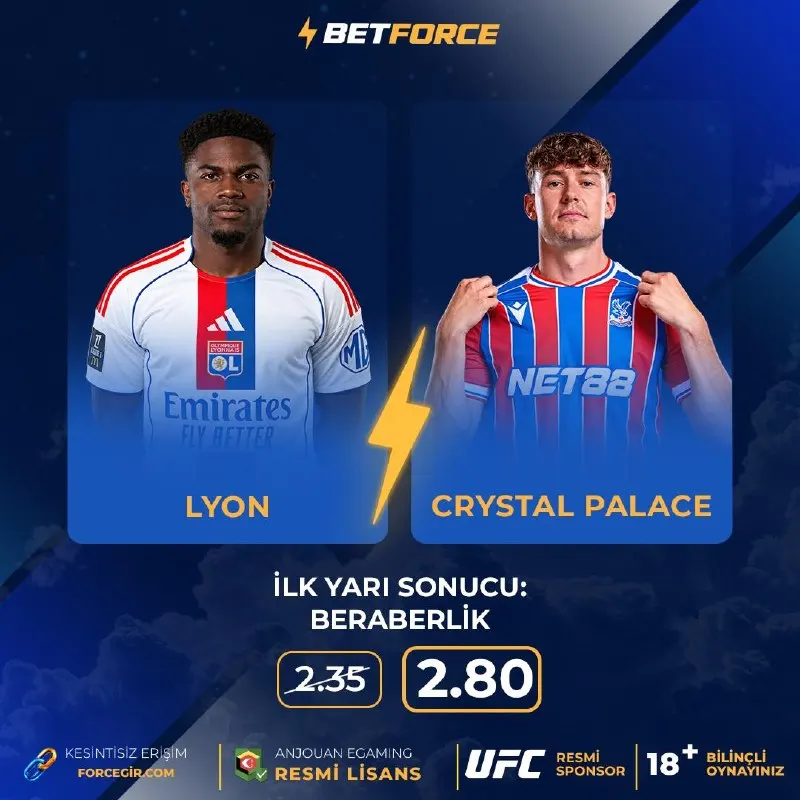 Betforce Telegram: ⚡ BETFORCE İLE ORAN YÜKSELDİ! ⚽️ Lyon 🆚 Crystal Palace ➡️ İlk Yarı Sonucu…