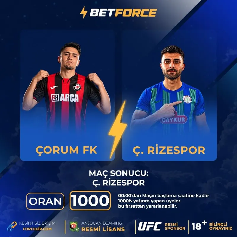 Betforce Telegram: ⚡ FORCE BOOST İLE 1000 ORANLIK FIRSAT! ⚽️ Çorum FK 🆚 Ç. Rizespor ➡️ Maç Sonucu…