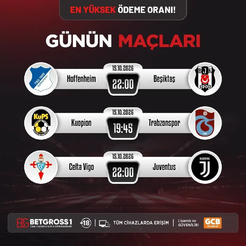 Betgross Telegram: ⚽️GÜNÜN MAÇLAR⚽️ 👟 En yüksek oran seçenekleri ile günün maçları BETGROSS'ta…