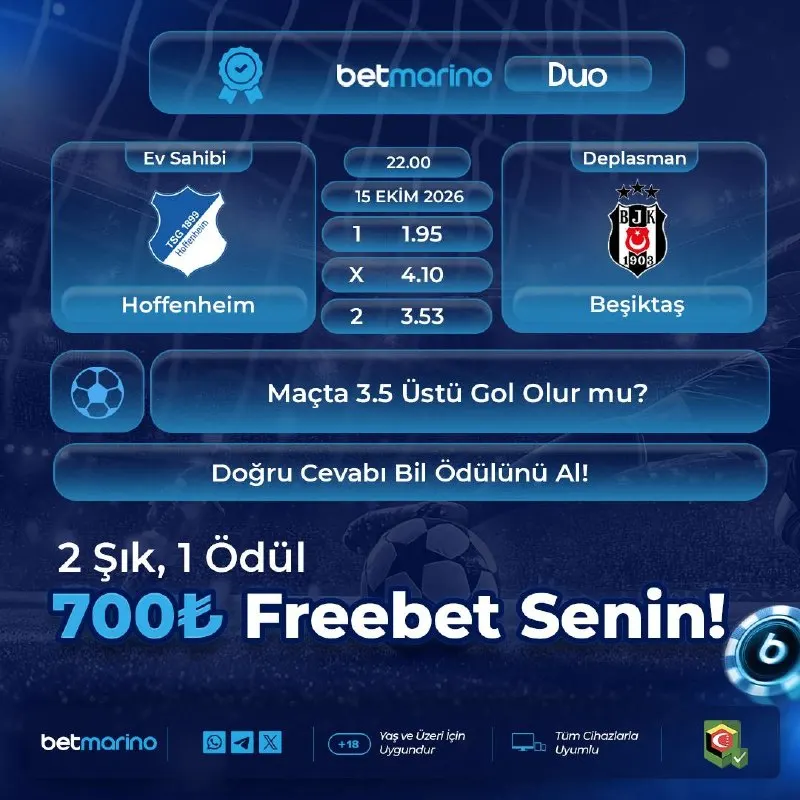 Betmarino Telegram: 7️⃣0️⃣0️⃣ 🔤🔤 🔤🔤🔤🔤🔤 Hoffenheim 🆚 Beşiktaş Karşılaşmasında 3.5 Üstü Gol Olur Mu?…