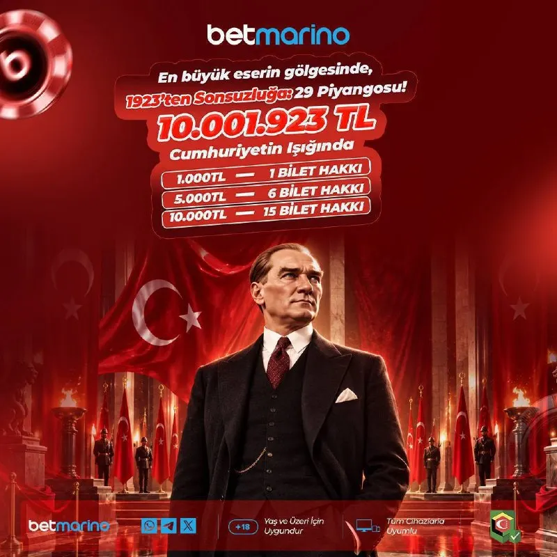 Betmarino Telegram: 🇹🇷 1923’ten Sonsuzluğa: 29 Piyangosu! 🎫 29 Ekim’e özel 10.001.923₺ ödüllü büyük…