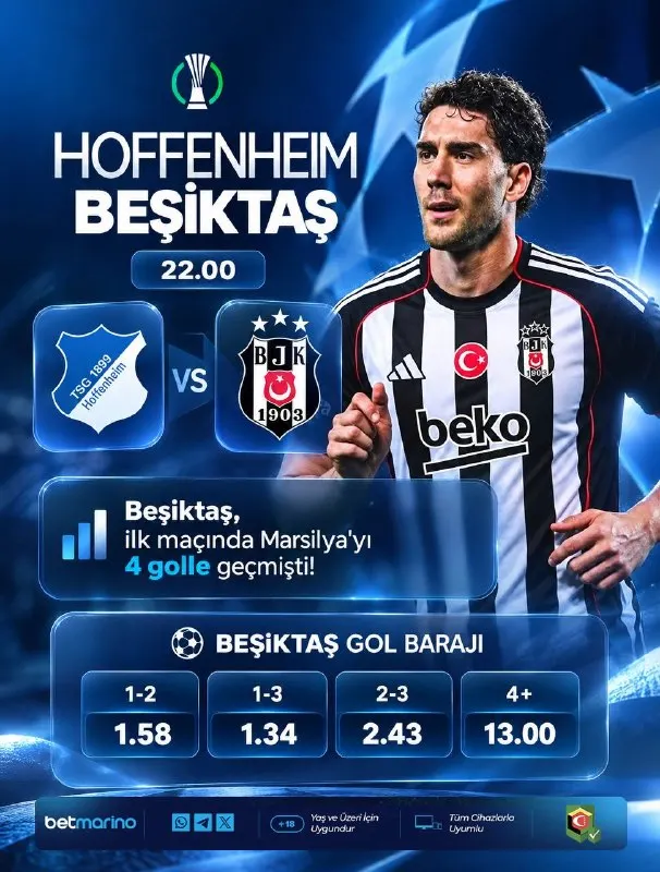Betmarino Telegram: 🖤🖤🖤🖤 ⚽ GECENİN MAÇI 🏆 Hoffenheim VS Beşiktaş 📊 BEŞİKTAŞ GOL BARAJI ⚽ 1-2 Gol…
