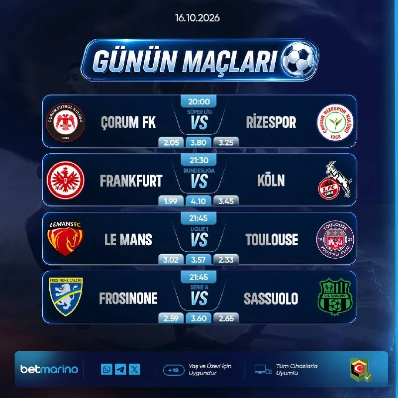 Betmarino Telegram: 🖤🖤🖤🖤 ⚽ Günün Maçları ⚽ Çorum FK VS Rizespor ⚽ Frankfurt VS Köln ⚽ Le Mans VS…