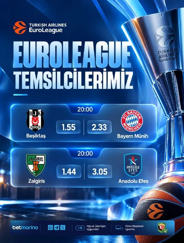 Betmarino Telegram: 🏀 EuroLeague'de Temsilcilerimiz 🏆 Turkish Airlines EuroLeague 🏀 Beşiktaş VS…