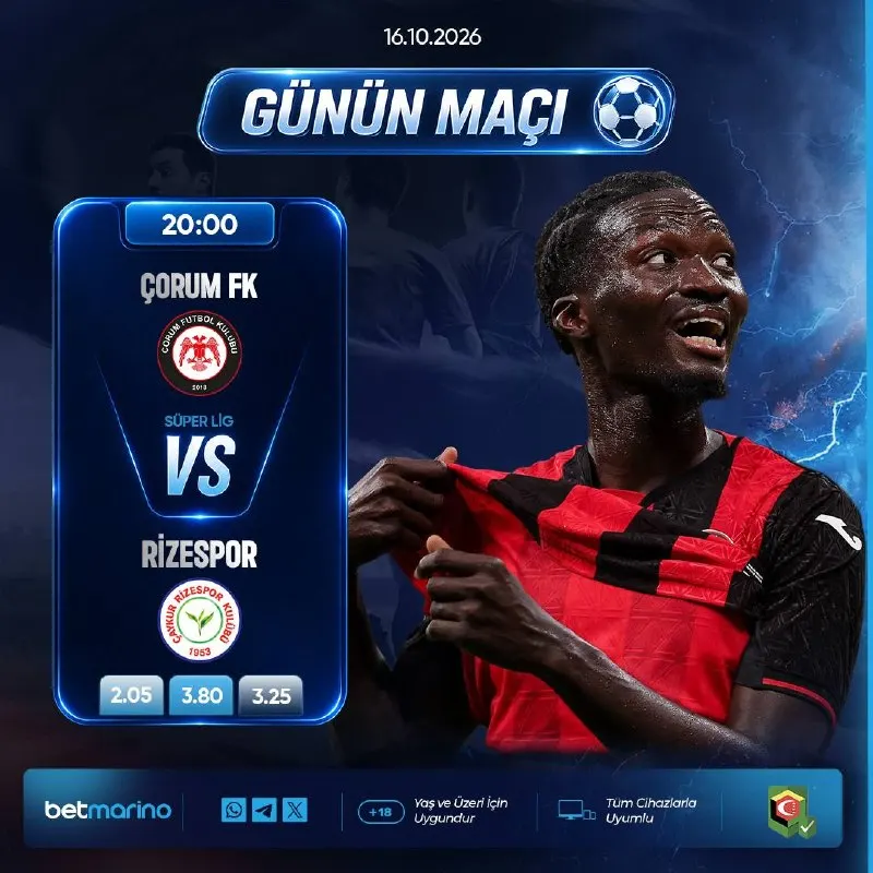 Betmarino Telegram: 🖤🖤🖤🖤 ⚽ Günün Maçı 🏆 Trendyol Süper Lig ⚽ Çorum FK VS Rizespor 🔥 Süper Lig'de…