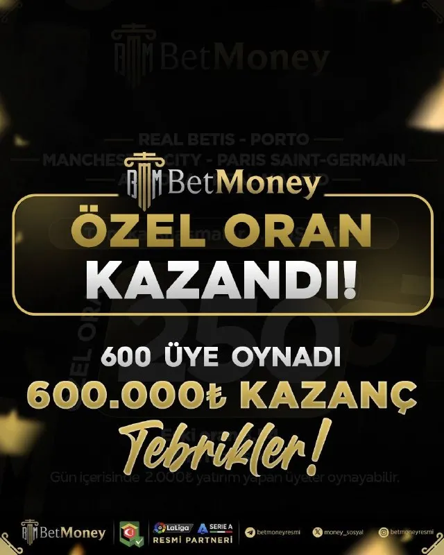 Betmoney Telegram: 🔥 ÖZEL ORAN KAZANDI! 👥 600 üye oynadı 💰 600.000 TL kazanç 🏆 Tebrikler!