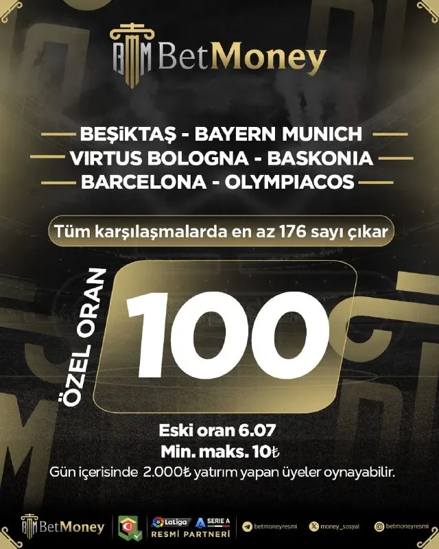 Betmoney Telegram: 🔥 Günün Özel Oranlı Kuponu BetMoney’de! 💥 Özel Oran: 100 📉 Eski Oran : 6.07 🌟…
