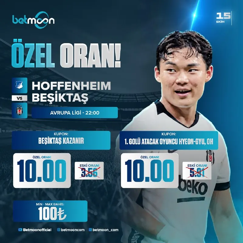 Betmoon Telegram: 🌙 BETMOON'DA ÖZEL ORANLAR SENİNLE! 🔔 Hoffenheim - Beşiktaş 📣 1x2 Beşiktaş 🔴…