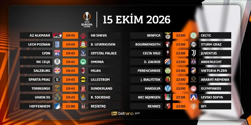 Betnano Telegram: AVRUPA LİGİ “LİG AŞAMASI“ 2. HAFTA 🇪🇺 2026/27 Sezonu Avrupa Ligi 2. hafta…