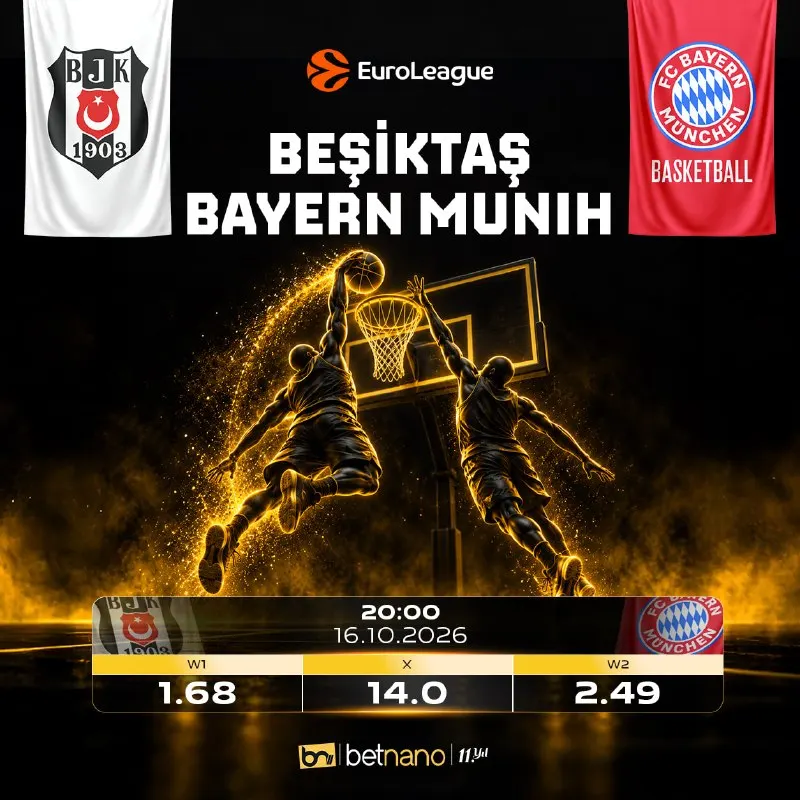 Betnano Telegram: TEMSİLCİMİZ EUROLEAGUE 6. HAFTA KARŞILAŞMASINDA 🇹🇷 Beşiktaş 🇩🇪 Bayern Münih 🕡…