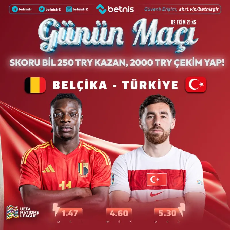 Betnis Telegram: 🔔GÜNÜN MAÇINA ÖZEL FREEBET ETKİNLİĞİ! ⚽️#Belçika 🆚 ⚽️#Türkiye Maçın skorunu…