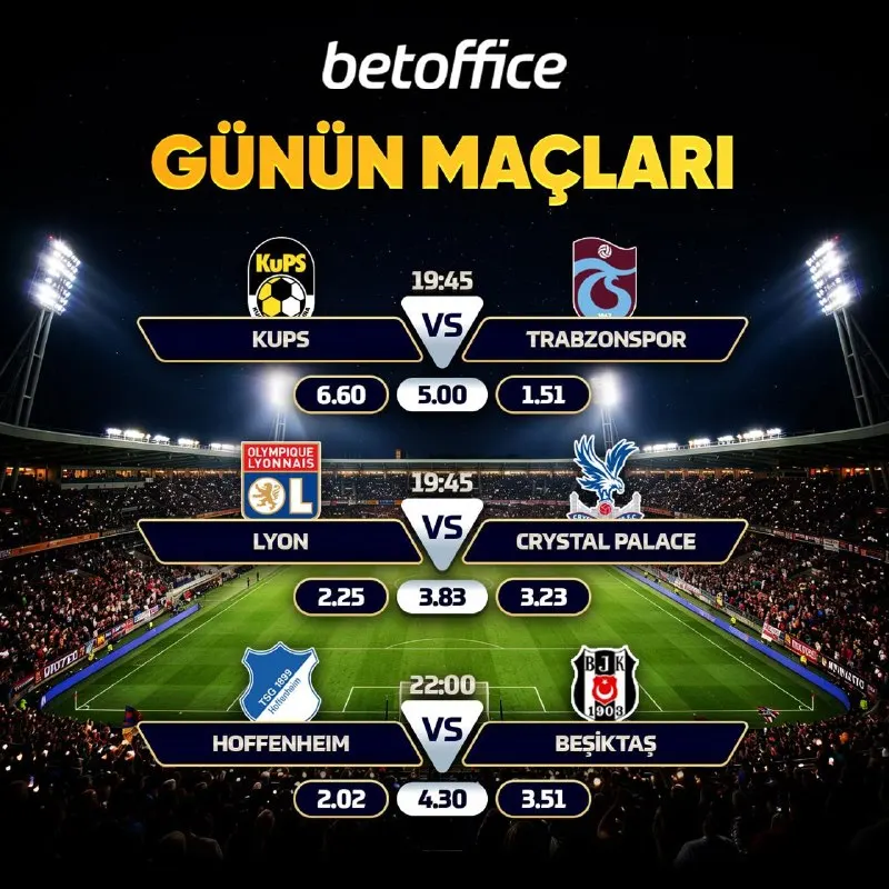 Betoffice Telegram: 👑 BetOffice'te Günün Maçları! ⚽️ Kups 🆚 Trabzonspor ⚽ Lyon 🆚 Crystal Palace ⚽…