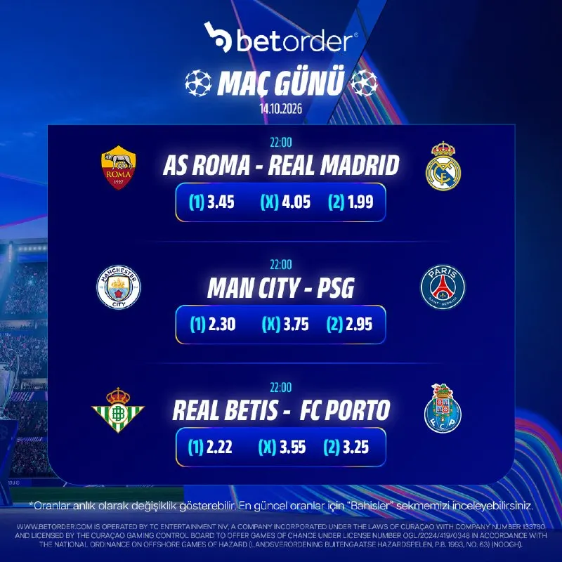 Betorder Telegram: 🔥🏆AVRUPA’DA DEVLERİN SAHNE ALDIĞI GECE! 🔥🏆 ➡️AS Roma – Real Madrid ➡️Manchester…
