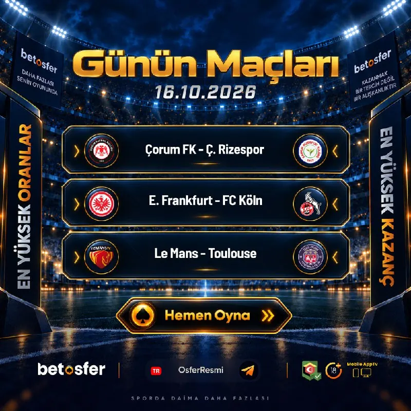 Betosfer Telegram: 🎰🎰🎰🎰🎰🎰🎰🎰🎰🎰 ⚽️ ÇORUM FK 🆚 Ç. RİZESPOR ⚽️ E. FRANKFURT 🆚 FC KÖLN ⚽️ LE MANS 🆚…