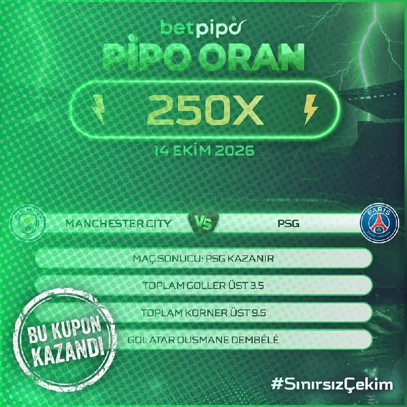 Betpipo Telegram: 🏆 250X PİPO ORAN KAZANDIRDI! 💚 🔥 Manchester City - PSG karşılaşmasına özel…