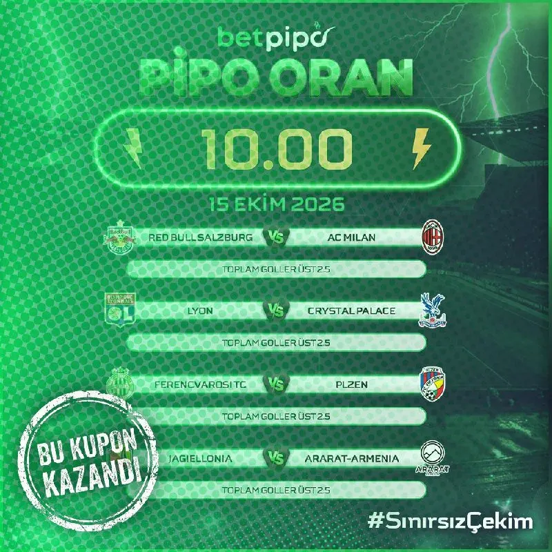 Betpipo Telegram: ⚡ 10.00 PİPO ORAN DÖRTTE DÖRT GELDİ! Salzburg–Milan, Lyon–Crystal Palace…