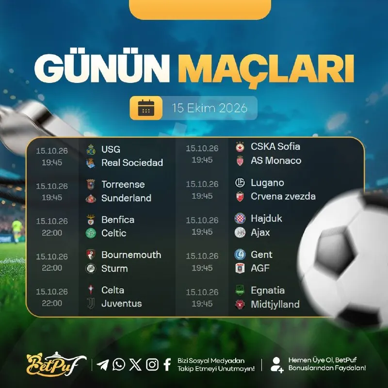 Betpuf Telegram: 🔡🔡🔡🔡🔡 🟡🟡🟡🟡🟡🟡🟡 🤔 GÜNÜN KARŞILAŞMALARI BETPUF’TA! 🔥 Günün futbol heyecanı hız…