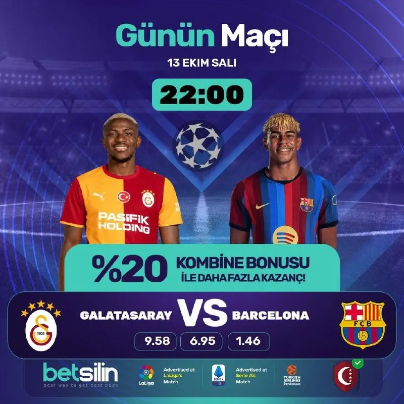 Betsilin Telegram: 🌟 BETSİLİN'DE GALATASARAY – BARCELONA ŞAMPİYONLAR LİGİ HEYECANI BU AKŞAM! ⚽️🦁…