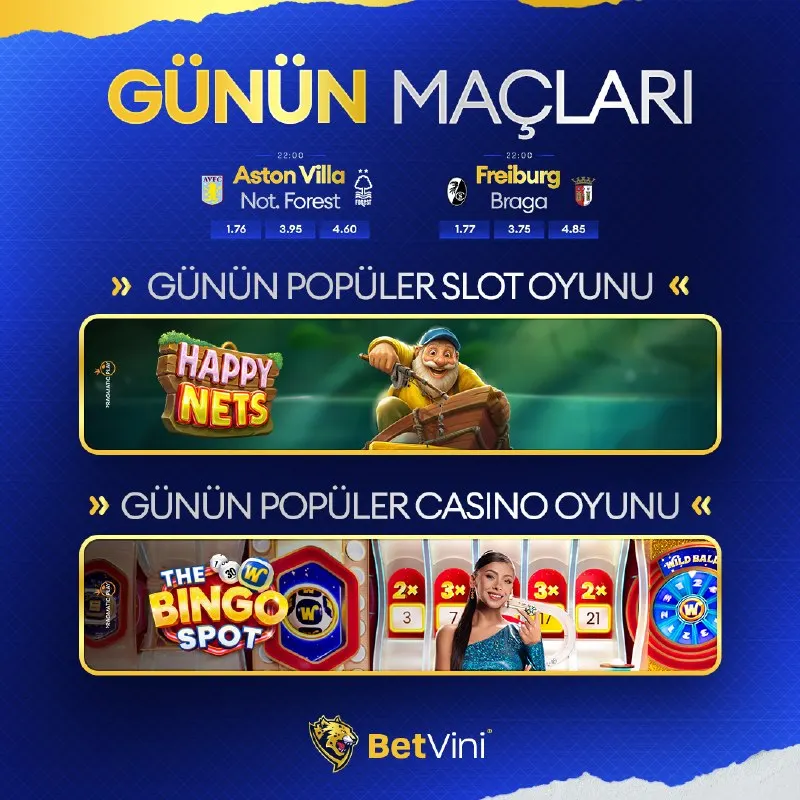 Betvini Telegram: ⚽ Günün Maçları: Aston Villa 🆚 Nottingham Forest 🌳 (22:00) Freiburg 🆚 Braga 👑…