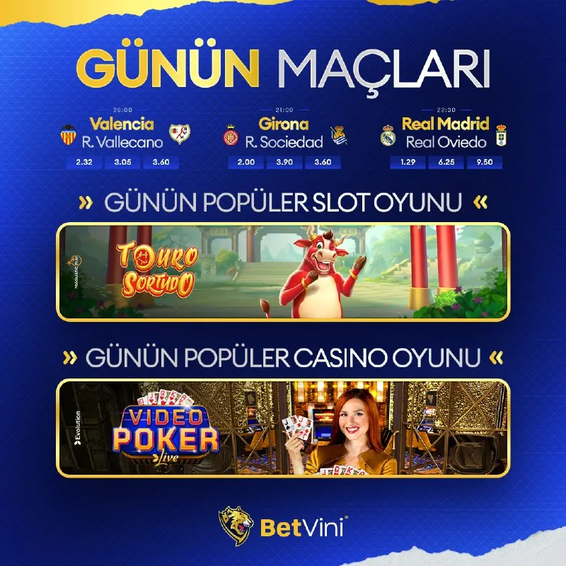 Betvini Telegram: ⚽🔥 Günün maçları ve popüler oyunlar seni bekliyor! 🎰 Touro Sortudo ile slot…