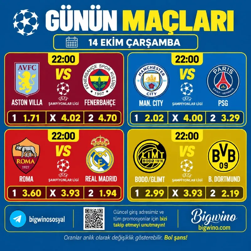 Bigwino Telegram: ⚽️ Şampiyonlar Ligi Günün Öne Çıkan Maçları! ⚡️ En Yüksek Oranlar ⭐️ Geniş…