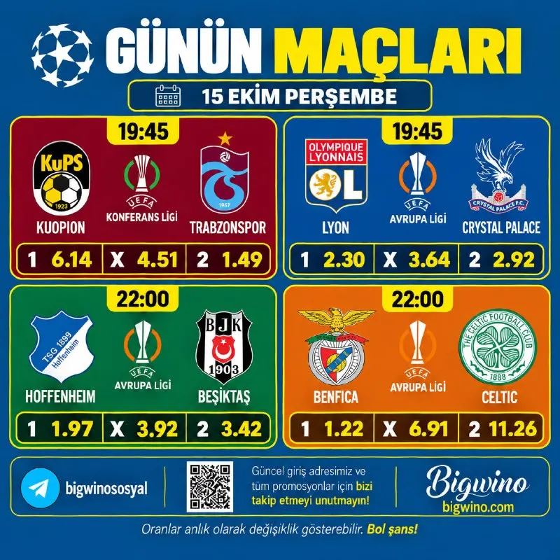 Bigwino Telegram: ⚽️ Avrupa Liglerinde Günün Öne Çıkan Maçları! ⚡️ En Yüksek Oranlar ⭐️ Geniş…