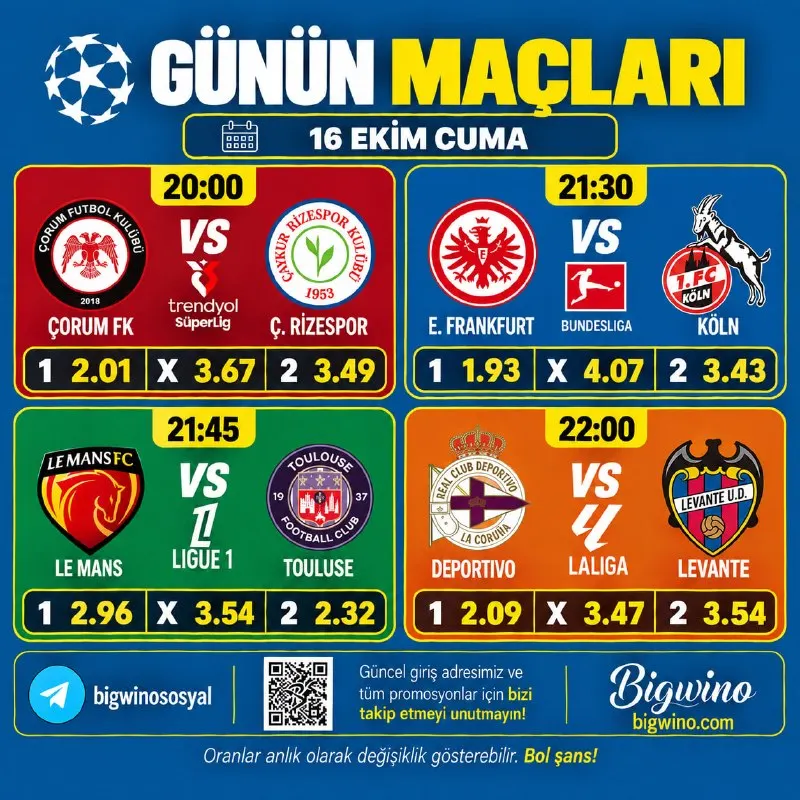 Bigwino Telegram: ⚽️ Bigwino'da Günün Öne Çıkan Maçları! ⚡️ En Yüksek Oranlar ⭐️ Geniş Market…