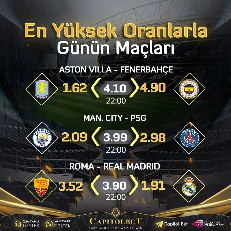 Capitolbet Telegram: ⬆️ #CapitolBet 'te Günün En Heyecanlı Karşılaşmaları ⬇️ 🕒 22:00 - Aston Villa…