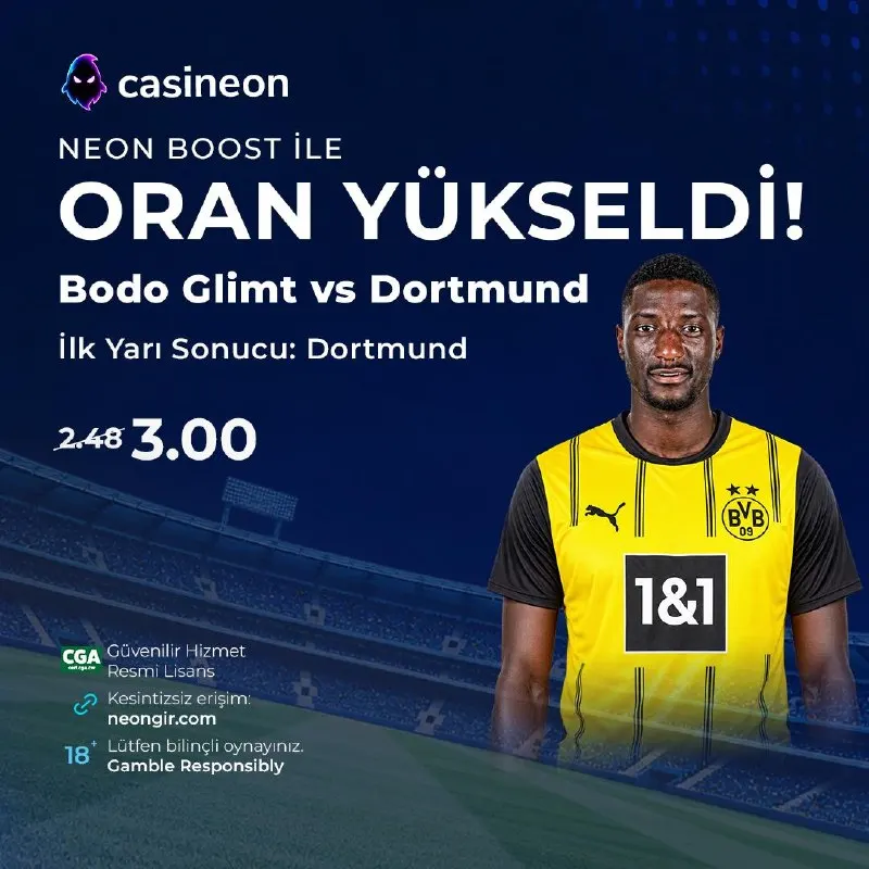 Casineon Telegram: ⚡ NEON BOOST İLE ORAN YÜKSELDİ! ⚽️ Bodo Glimt 🆚 Dortmund ➡️ İlk Yarı Sonucu…
