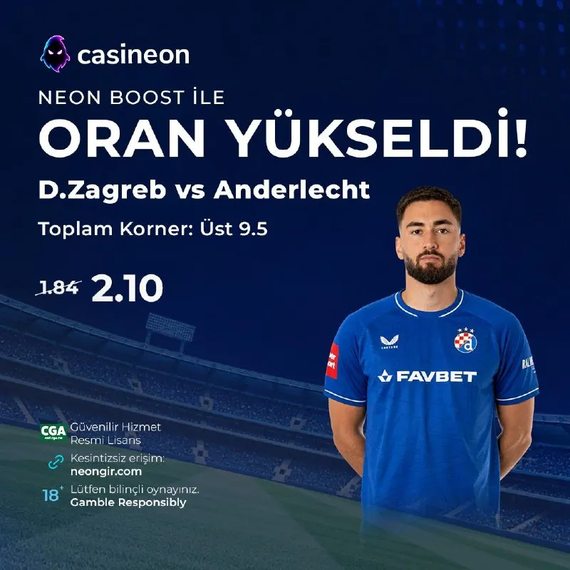 Casineon Telegram: ⚡ NEON BOOST İLE ORAN YÜKSELDİ! ⚽️ Dinamo Zagreb 🆚 Anderlecht ➡️ Toplam Korner…