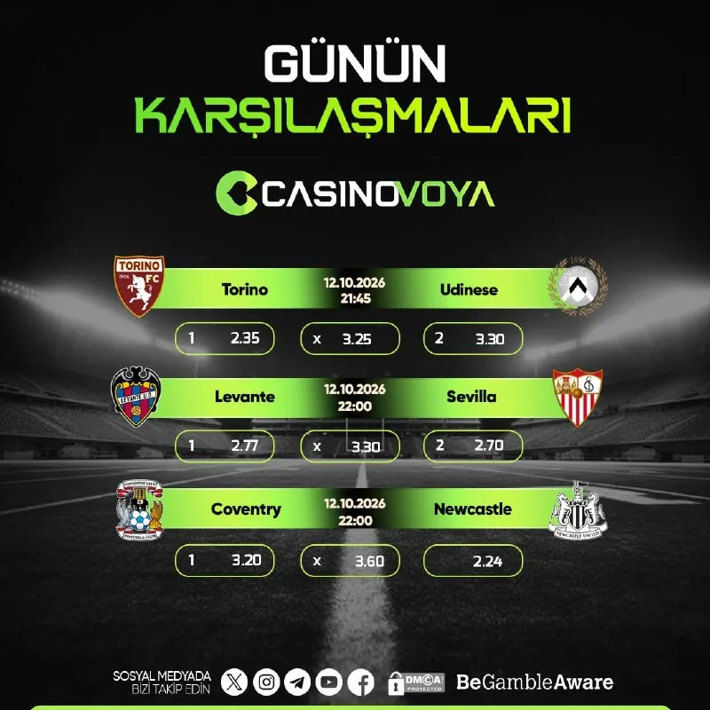 CasinoVoya Telegram: ⚽️ GÜNÜN MAÇLARI CASİNOVOYA İLE BAŞLIYOR! Avrupa futbolunun heyecanı…