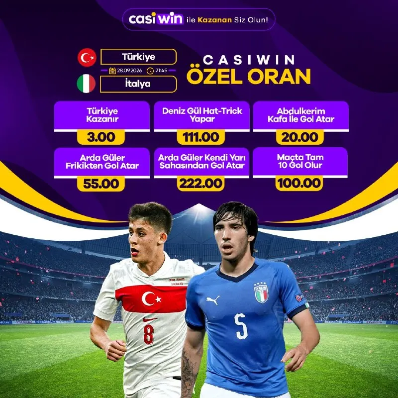 Casiwin Telegram: ⚽🔥 TÜRKİYE 🇹🇷 🆚 🇮🇹 İTALYA 📅 28 Eylül 2026 ⏰ 21:45 🌟 CASIWIN ÖZEL ORANLAR ⚽…