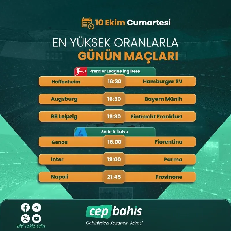 Cepbahis Telegram: ⚽️ Cumartesi gününün kaçırılmayacak maçları! 🔥 🏆 Avrupa liglerinde futbol…