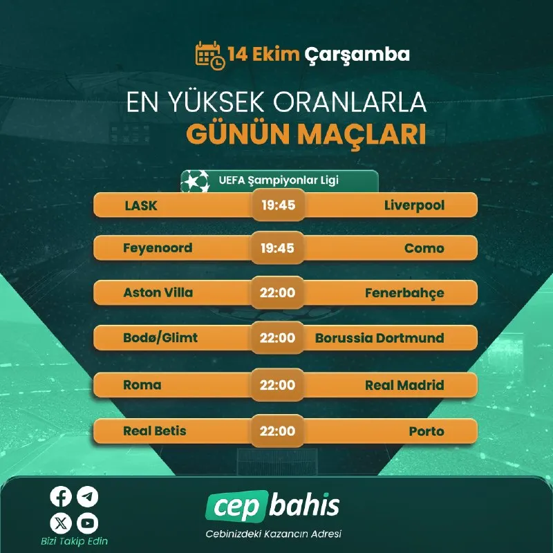 Cepbahis Telegram: ⚽️ Şampiyonlar Ligi Gecesi! 🔥 🇪🇺 UEFA Şampiyonlar Ligi'nde 6 dev maç seni…
