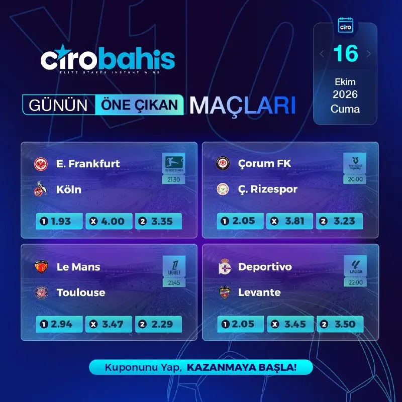 Cirobahis Telegram: 🔔 GÜNÜN MAÇLARI🔔 ⚽️Kuponunu yap, CİROBAHİS'le kazanmaya başla! ⛈ E. Frankfurt…