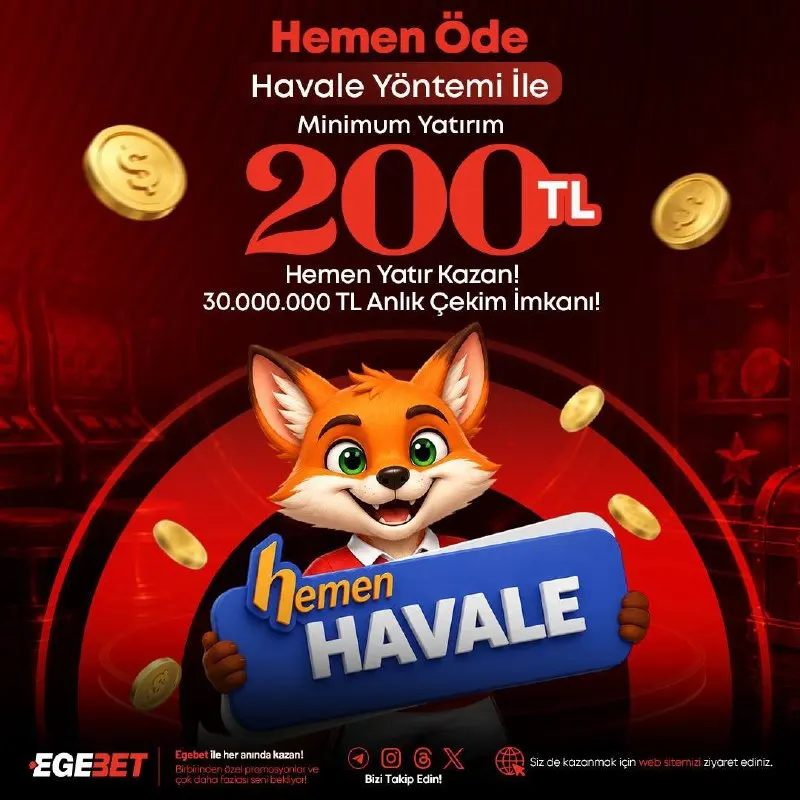 Egebet Telegram: 💰EGEBET’TE HEMEN YATIR HEMEN KAZAN! 🤩Hemen Havale yöntemi ile minimum 200 TL…