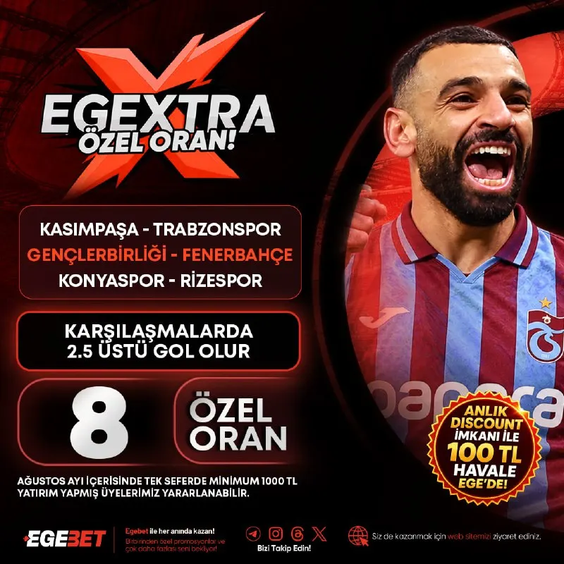 Egebet Telegram: 🔥 EGEXTRA ORAN! 🔥 💸 Maks Bahis: 200 TL ℹ️ Ağustos ayı içerisinde tek seferde…