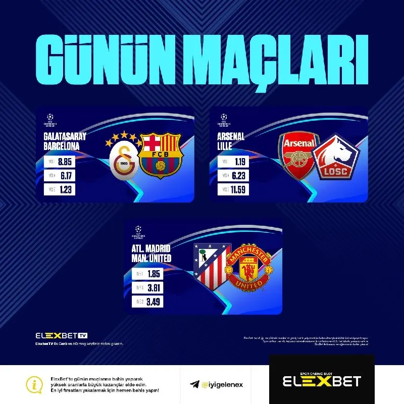 Elexbet Telegram: 🏆 Şampiyonlar Ligi'nde devlerin savaşı başlıyor! ⚽️ Galatasaray, Arsenal ve…